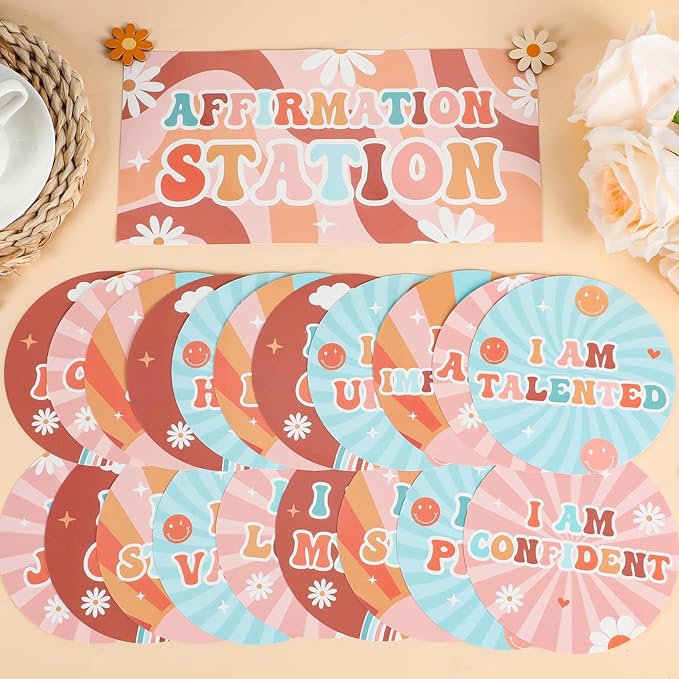 Naozinebi Hippie Affirmation Station Bulletin Board Set Groovy Positive Bulletin Board for Classroom Mirror Growth Mindset Decors Inspirational Motivational Accent Cutout for Home School Wall Supply