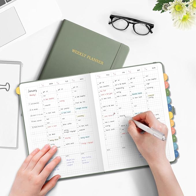 Undated Appointment Book, Hourly, Daily, 52 Weekly & 12 Monthly Planner, 6 AM - 8 PM, Medium Size (5.7" x 8.3"), Leather Hardcover, 12 Self-adhesive Monthly Tabs (Light Green)