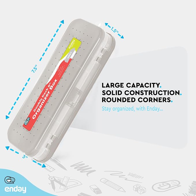 Enday Pencil Box Grey, Plastic Double Deck Pencil Case with 7 Compartments, Box Organizer with Snap Closure for Home and Office