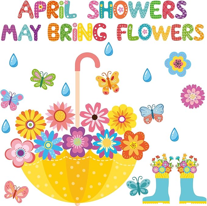 Qyeahkj April Showers Bring May Flowers Decorations Set Spring Theme Flower Bulletin Board Cutouts Colorful Paper Cut Outs for Easter Spring School Classroom Whiteboard Home Party Decor Supplies