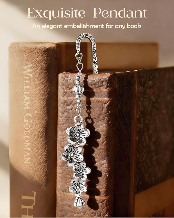 Buleens Bookmarks for Women Reading - Book Marks for Readers Book Lovers, Silver Feather Cherry Flower Personalized Metal Bookmark with Pendants, Pretty and Aesthetic Book Accessories Reading Gifts