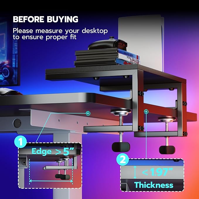 ARES WING Clamp-On Desk Extender & Monitor Shelf – 15" x 9.8" Space Booster, Freestanding or Clamp Mount, Holds 44 lbs, No Drill Desktop Organizer for Office/Gaming, Black