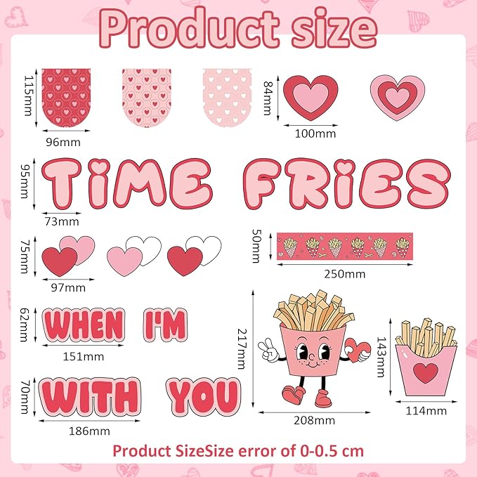 Zhanmai 74 Pcs Valentine's Day Fries Bulletin Board Set, Valentines Classroom Door Decor French Fries Bulletin Board Trim Red Pink Heart Cutouts for Chalkboard Wall Home Decor