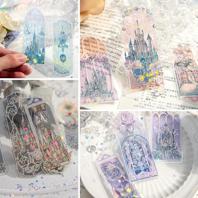 40Pcs Holographic Silver Foil Bookmarks, 4 Packs Fairytale Castle Window Glittery Transparent PVC Bookmark, Shimmery Small Book Mark for Book Lover Reader Writer Teacher Students