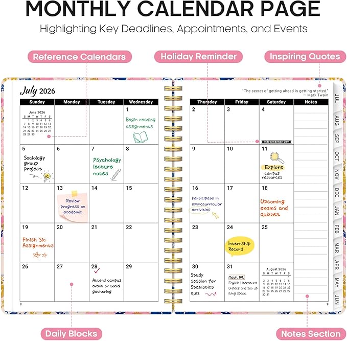 Planner 2026-2027, Academic Year Weekly and Monthly Calender Planner, from Jul 2026 - Jun 2027, Spiral Bound School Planning Book, Perfect for Teacher, Student, Women & Men, A5 (6.3" x 8.5"), Pink Garden