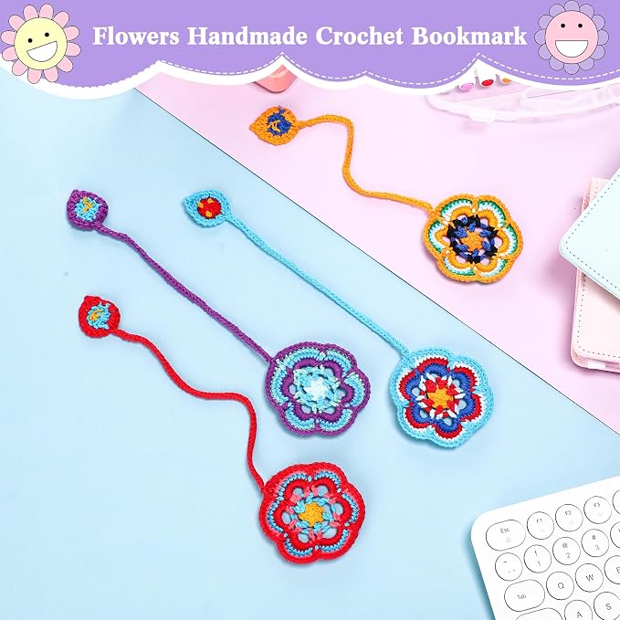 Harloon 4 Pieces Book Lover Gifts Flowers Crochet Bookmarks Handmade Knitted Book Marker Curtain Tiebacks Holdbacks Car Ornaments for Readers Writers Library(Classic)