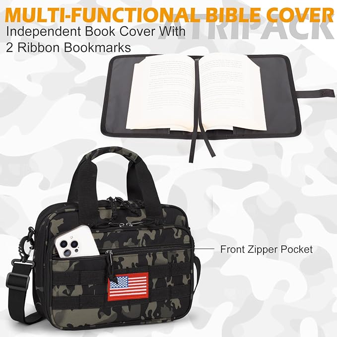 ATRIPACK Tactical Large Bible Cover for Men,Double Layer Bibles Bag With Detachable Book Carrying Case, Covers for Bible Organizer with Zippered Pockets,Church Case with Handle.