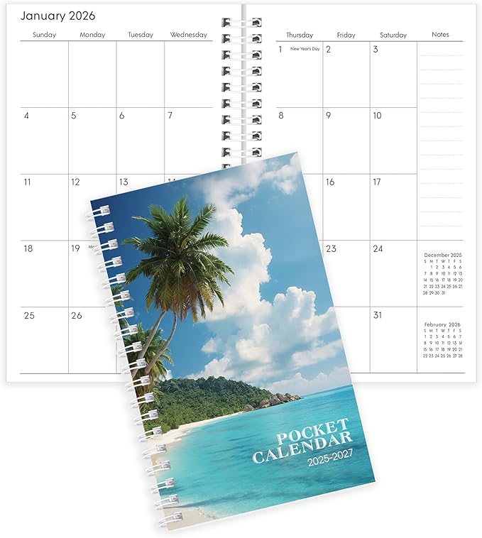 Pocket Calendar 2025-2027, Beach Small Calendar 2026-3.7" x 6.7" for Purse, Runs from July 2025 Until December 2027, Monthly Planner 2026 with Coil Organizing & Planning