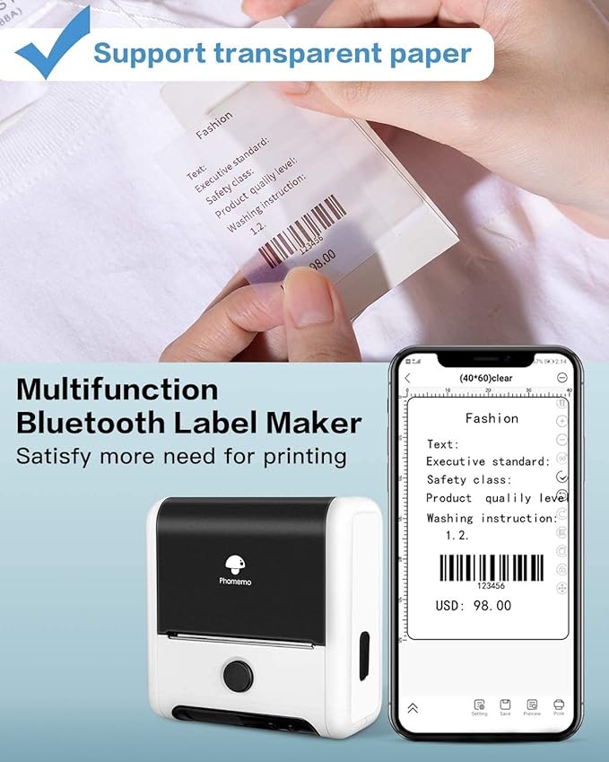 Phomemo Transparent Thermal Labels-3 Roll 390 Labels for M110/M100/M220/M221/M108 Label Printer,1.57"x 2.36" (40mm x 60mm), 130 Labels/Roll, for Barcode/Address/Mailing/Logo/Business/Home Tag