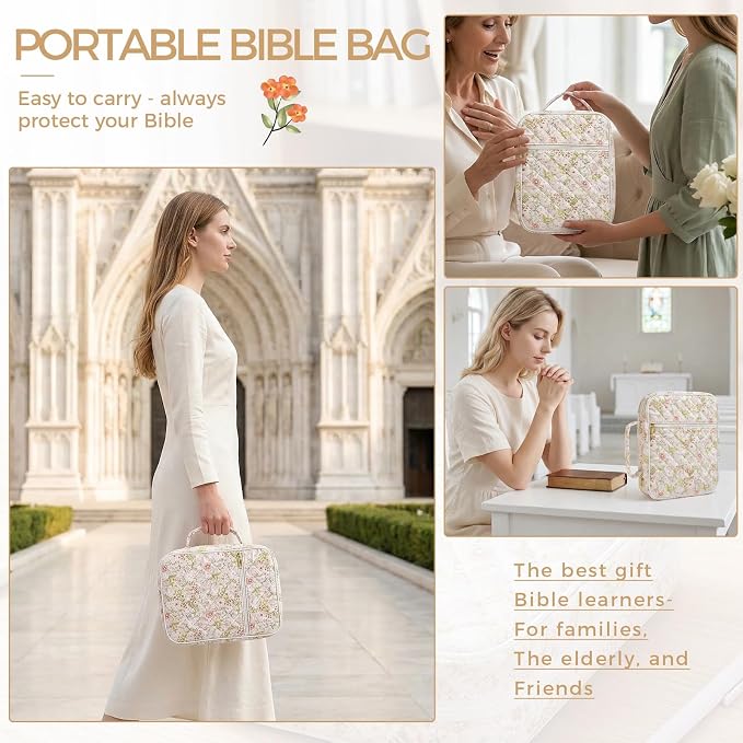 Bible Cover Case Durable Handle Quilted Bible Carrying Case for Girls Bible Study Supplies Accessories (Spliced Flower)