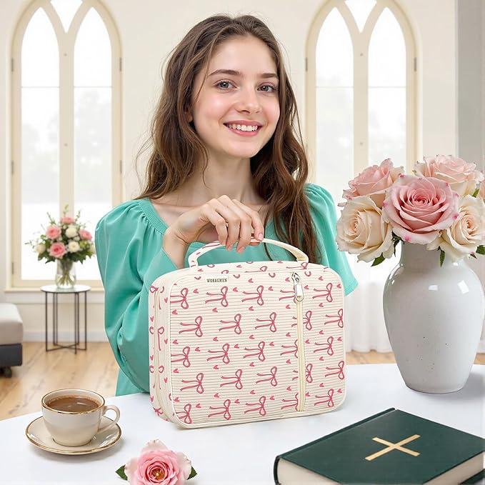 WOBAGMEN Bible Cover Case for Women,Cordoury Bible Cover with Handle,Pink Bow Bible Book Cover,Carrying Case Bible Protective Christian Gift(Pink Bow, L)