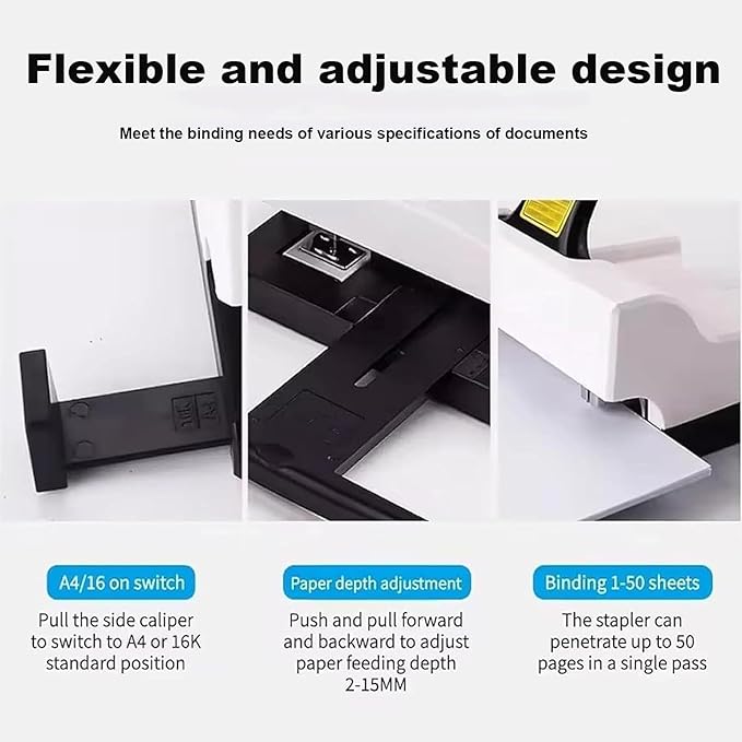 Double-Hole Double-Nail Standard Stapler, Double Head Heavy Duty Stapler, A4/16 Size Switchable, Binding Thickness 2-50 Sheets, Depth Adjustable, Push Button Pop Up Needle Slot, for Office