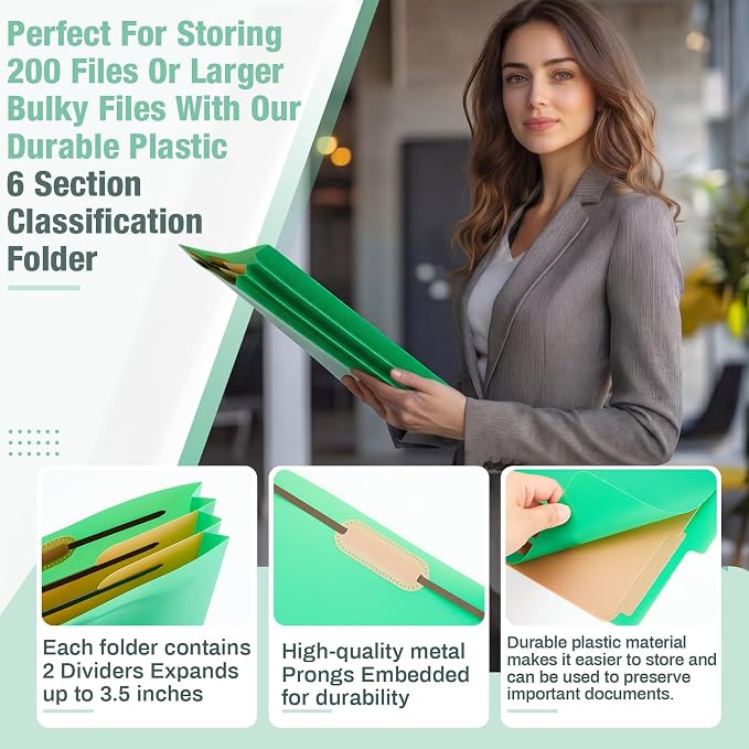 12 Pack Plastic Classification Folders with 2 Dividers & Fasteners, Heavy Duty 3.5” Expansion Letter Size File Folders for Law Client Files, Medical Records & Office Reports(Green)