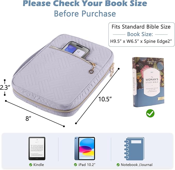 APLUFINE Quilted Bible Cover for Women, Large Bible Bag with Handle & Shoulder Strap, Bible Study Supplies Organizer, Zipper Bible Carrying Case, Christian Gift Book Cover Fits 9 x 6 Bible