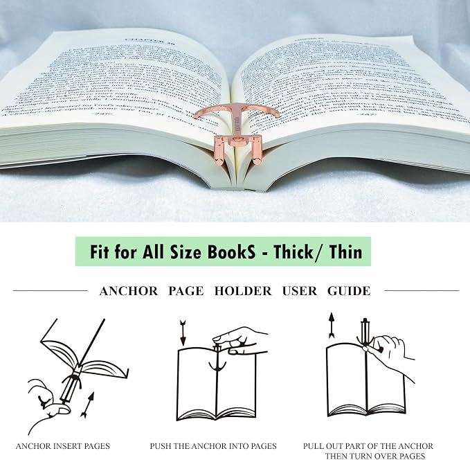 Anchor Page Holder for Hands Free Reading Bookmark Book Opener Reader Gift Metal Portable Music Recipe Book Hardcovers Paperbacks Magazines Clip Accessories, Rose Gold