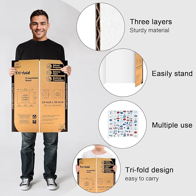 4 Pack Trifold Poster Board 24" X 36", IKAYAS Single sided White Tri-fold Poster Boards, Science Fair Display Boards Presentation Boards for Mounting, Art, Display, Projects Classroom Supplies