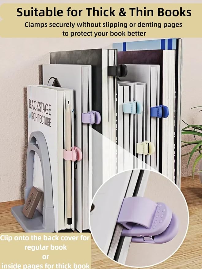 [6 Pack] Automatic Bookmark with Clip & Pen Holder Slot, Silicone Smart Bookmarks with Smiley Thumb Design, Unique Reading Accessories Gifts for Book Lovers, Women, Men, Students