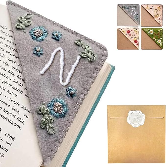 Personalized Hand Embroidered Corner Bookmark, 26 Letters Hand Stitched Felt Corner Letter Bookmark, Cute Flower Embroidery Bookmarks for Book Reading Lovers Meaningful Gift (Winter，N