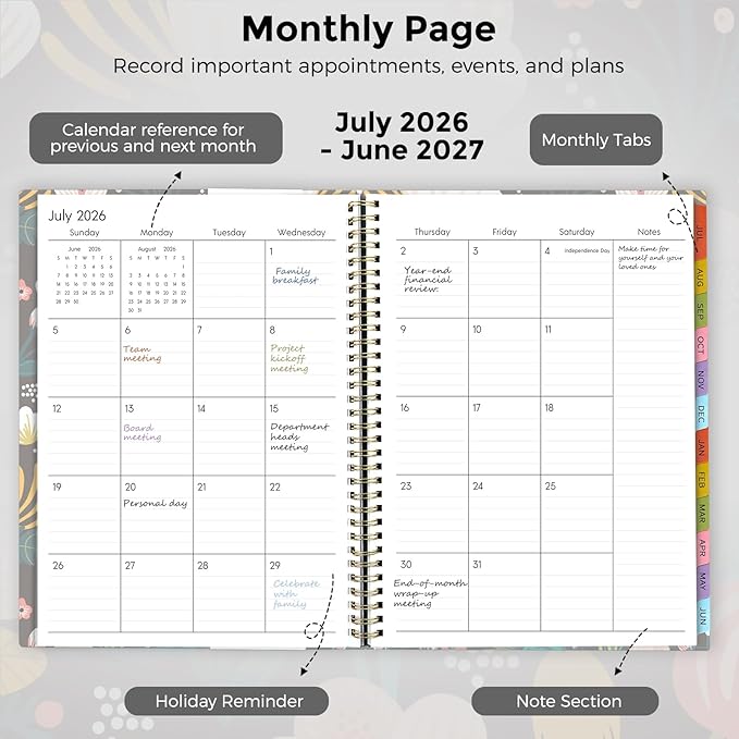 SKYDUE Appointment Book 2026-2027, Academic Hourly Planner from July 2026 - June 2027, 8.5" x 11" Weekly & Monthly Schedule Planner with 15-Minute Interval- Perfect for Daily Planning Black Flower