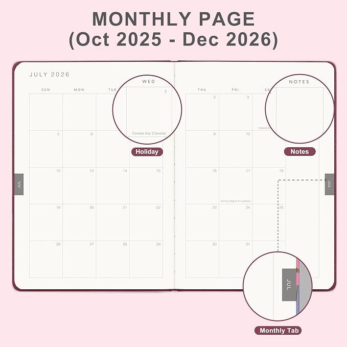 And Per Se 2026 Planner, 15 Months Hardcover Daily, Weekly & Monthly Planner, A5 size, 100GSM Thick Paper, Back Pocket, 5.7" x 8"(Dark Red)
