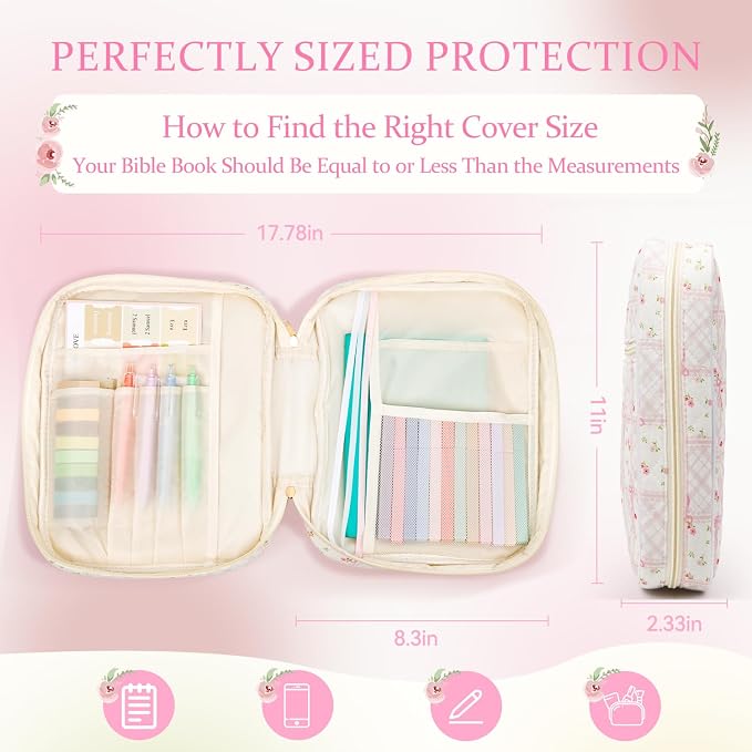 Bible Cover Case for Women Large Quilted Bible Carrying Bag with Handles Bible Study Supplies & Accessories Christian Gifts for Women(Cotton-Pink Patchwork, M)