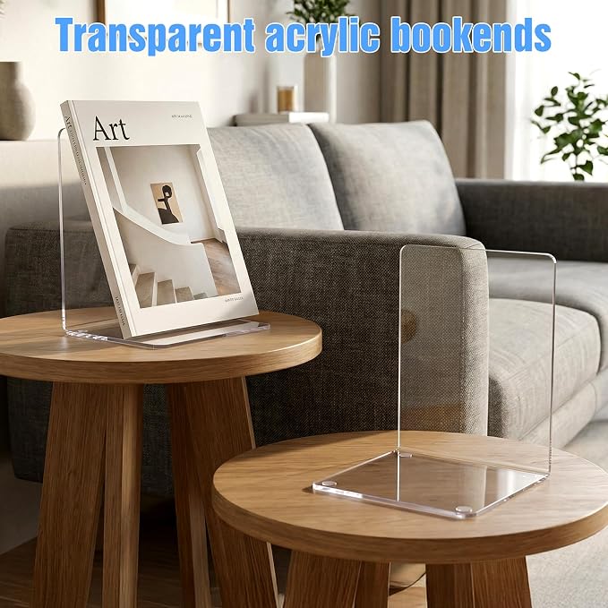 24 Pieces Book Ends, Clear Acrylic Bookends for Shelves, Heavy Duty Book Holders, Non Skid Decorative Bookends or School, Library,Desktop Organizer and Book Shelves Office, 4.9 x4.33 x 7.08in