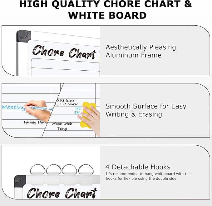 EAONE 16 x 12 in Magnetic Dry Erase Chore Chart & Whiteboard for Multiple Kids/Teens/Adults, Aluminum Frame Double Sided Chore Board Weekly Calendar for Wall, with 8 Markers, 4 Magnets, 1 Eraser