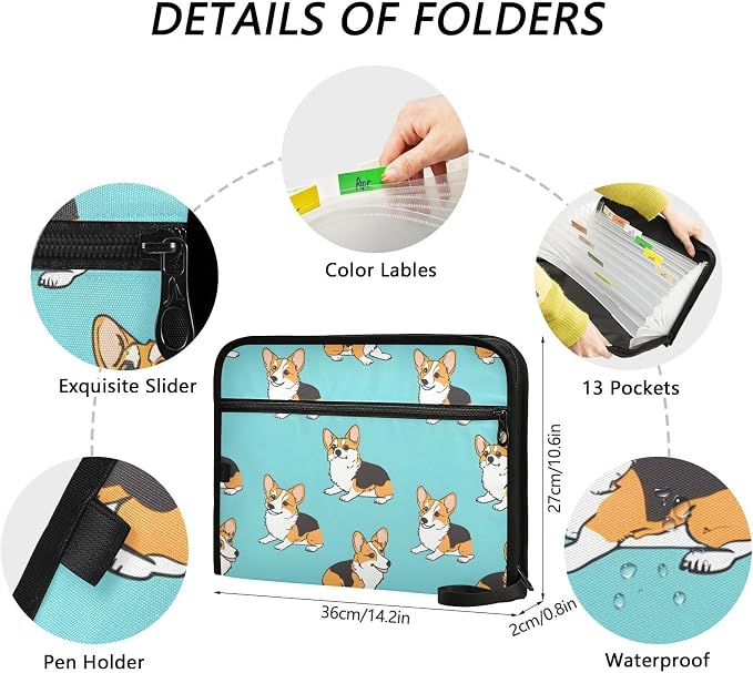 Expanding File Folder Corgis Dog Blue Accordion File Organizer 13 Pockets Document Organizer with Zipper Labels A4 Letter Office Storage