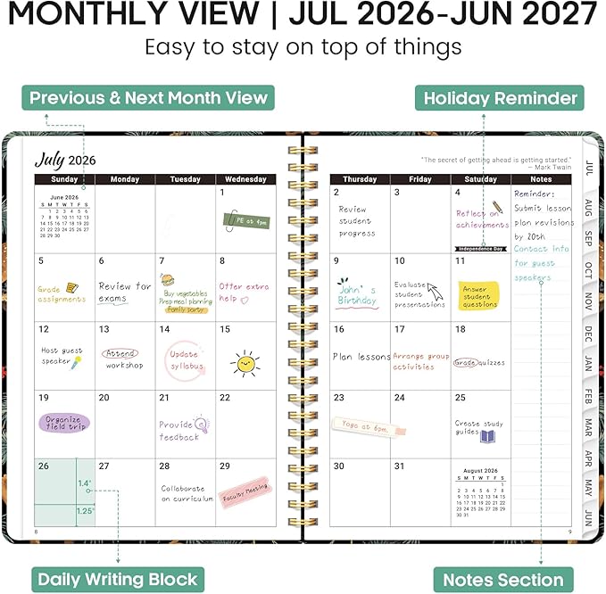 Academic Planner 2026-2027, Weekly and Monthly Calendar Book, July 2026 – June 2027, Hardcover Planner with Tabs, Perfect for Teachers, Students, Women & Men, A5 (6.4" x 8.5") - Crane