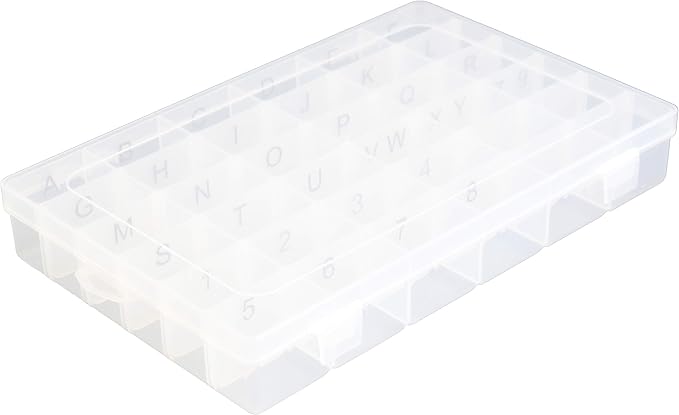 Plastic Organizer Container Box with Adjustable Dividers - 36 Compartments for Letter Board Letters - Stickers Pre Applied to Dividers