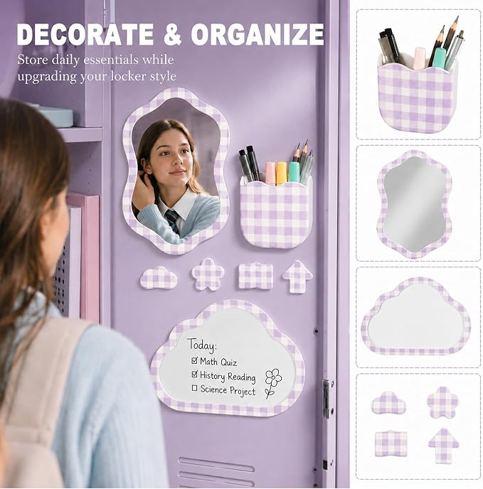 Svartur Magnetic Locker Accessories Set - Locker Mirror, Dry Erase Whiteboard, Magnetic Pen Holder & Cute Magnets, Aesthetic School Locker Decor for Girls, Locker Organizer Kit, Purple