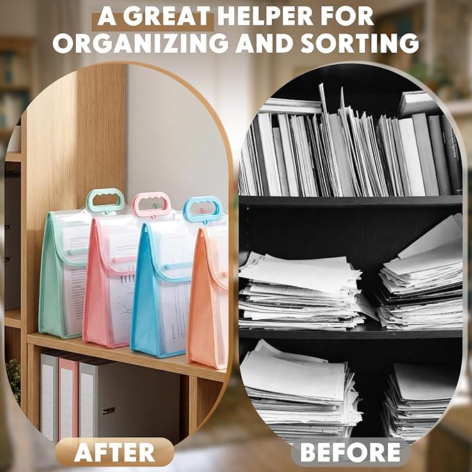4 Pack Plastic Expanding File Folder with Handle Dividers Large Capacity Transparent Document Organizer Pouch Colorful Envelopes with Snap Closure Fit Letter/a4 Size for School Office Home