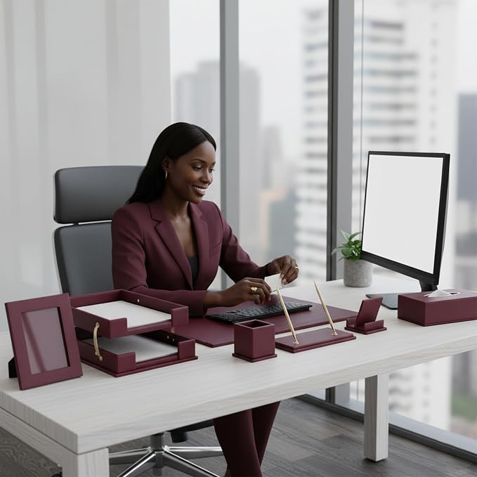 Leather Desk Set,15-Piece Desk Organizer Set, Executive Office Accessories with Desk Pad & Blotter, 2-Tier Tray, Pen Holder & More, Professional Office Desk Decor & Gift Set (Burgundy)