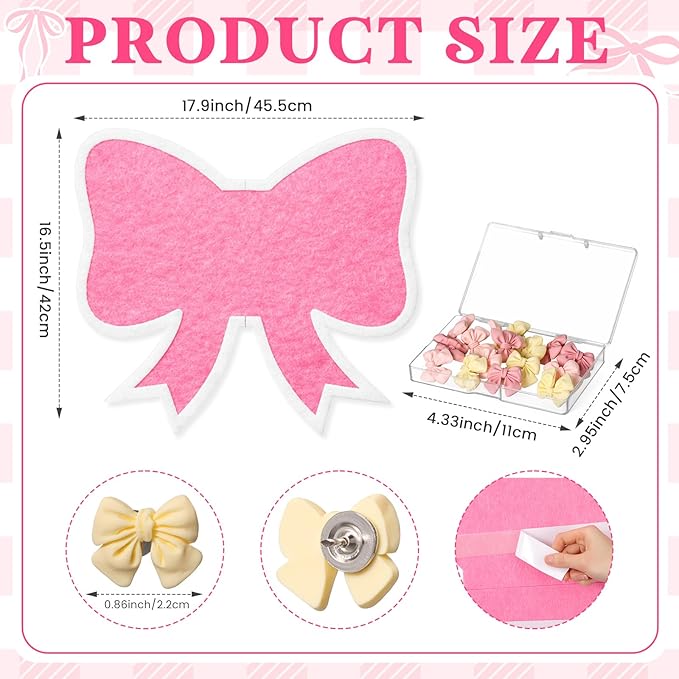 Affrolling 18 Inch Cute Bulletin Board Felt Bow Cork Board with Push Pins Decorative Thumb Tacks for Wall Craft Scrapbooking Home Decor(Bow,Pink)