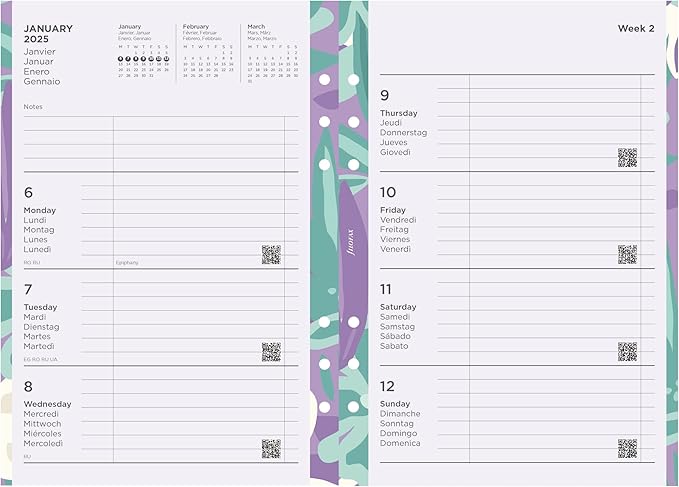 Filofax Calendar Diary Refill, A5 Size, Week-to-View, Illustrated Floral Diary Pack with Four-Color Print Design, Multilingual: Five Languages, 2025 (C6351-25)