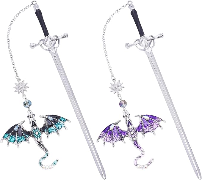 Fantasy Dragon Sword Bookmarks - 2 PCs Cool Metal Book Mark Gifts for Reading Blue Purple Page Maker Merch for Men Boys Kids Novel Fans Lovers Bookish Students Teachers School Accessories