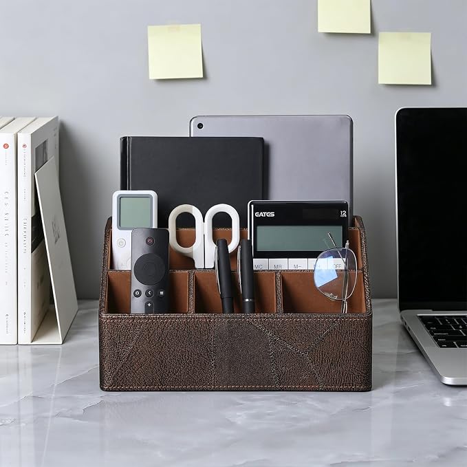 PU Leather Desktop Organizer, Home Luxury Remote Control Holder, Office Desk Accessory and Nightstand Storage Box, Vintage Style, Suitable for Living Room Tabletops (Brown Vintage)