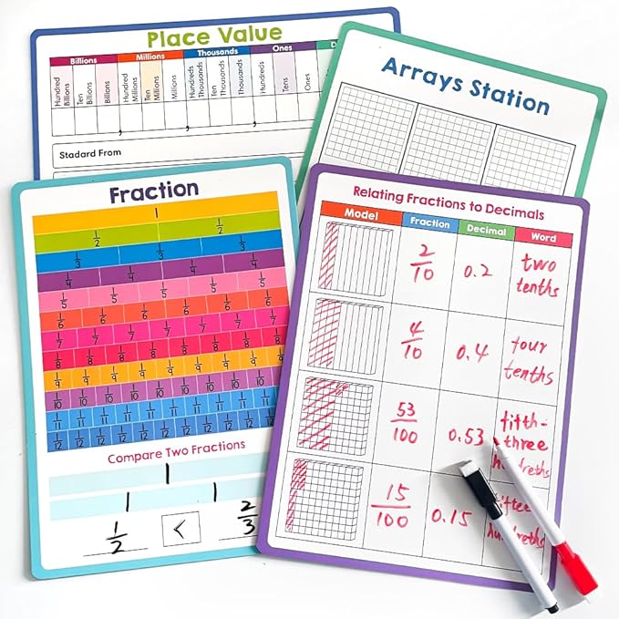 Lachilly Double Sided Dry Erase Handwriting Practice Boards Fractions Learning Place Value from Billions to Decimal Numbers Math Grid Manipulative Lapboard for Students