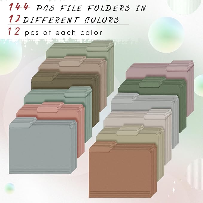 144 Pcs File Folders 9.5x11.6 Inch Manilla Folders Letter Size with 1/3 Cut Tabs 12 Colored Office Home School Organizers for Documents, Classroom Supplies and Paper Storage (Retro Color)