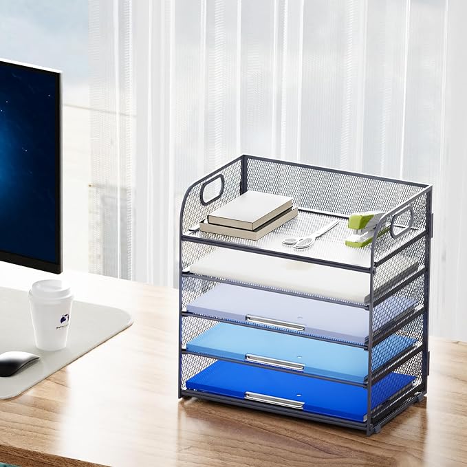 Marbrasse 5 Tier Paper Organizer Letter Tray, Mesh Desk File Organizer with Handle, Paper Sorter Desk Organizer for Home Office Supplies - Grey