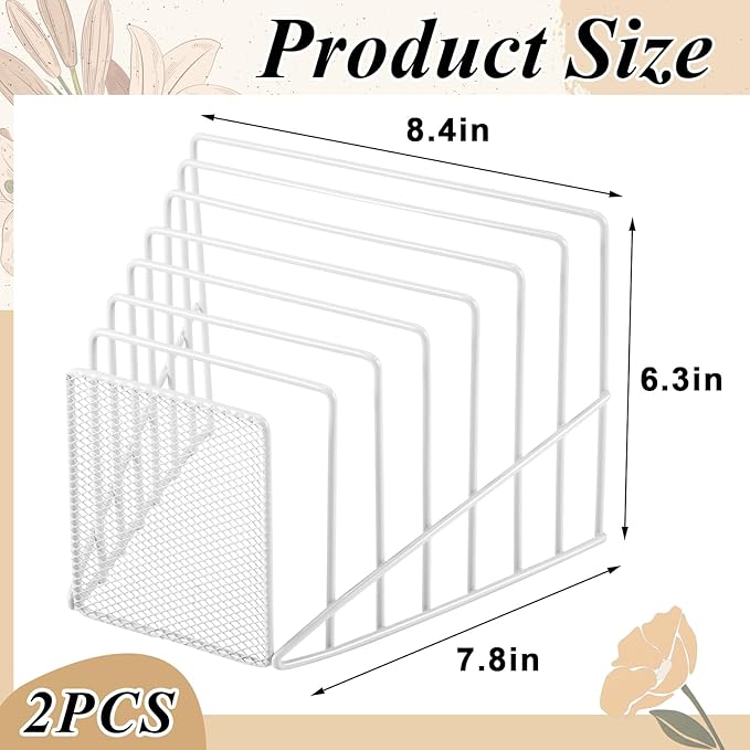 2 Pcs 7 Section Wire File Organizer for Desk, Metal Mesh Incline File Holder, Letter & Magazine Folder Rack, Desktop Paper Sorter for Home Office School (White)