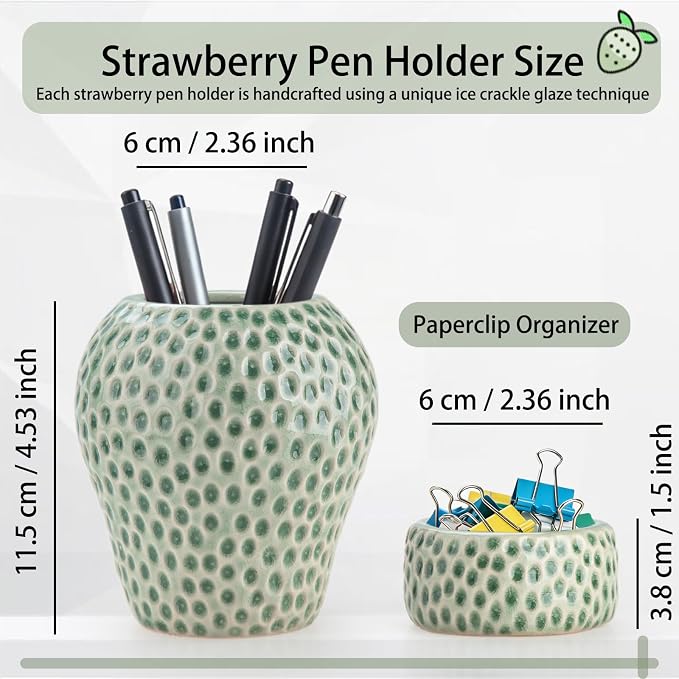 Ceramic Paper Clip Holder, Strawberry Pen Holder Set, Cute Pen Holder for Desk Storage Set of 2, Office, School, Home Decor(Green)
