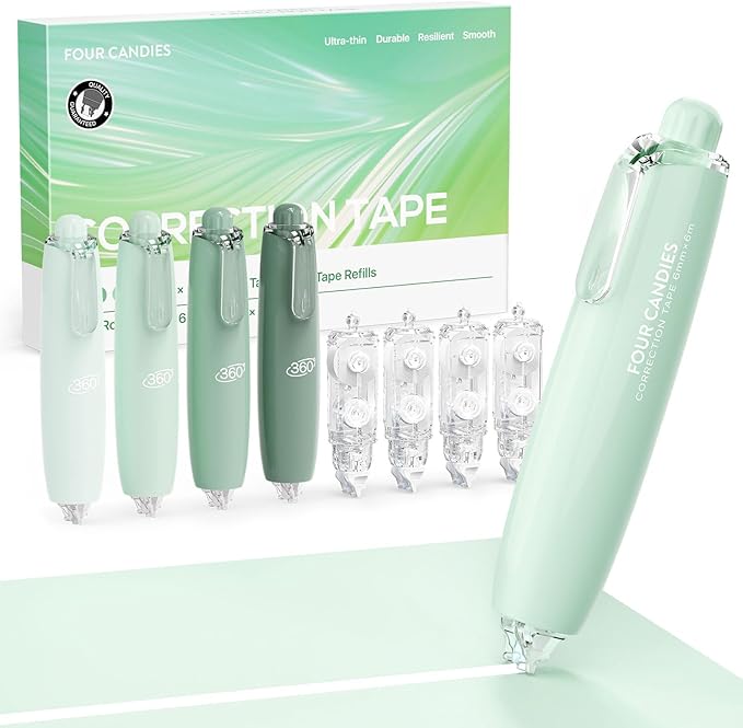 Four Candies Refillable Retractable White Correction Tape, 4PCS Smooth White Pull-Out Tape with 4 Extra Refills, Easy to Use Applicator for Instant Corrections for Office, School Supplies (Green)