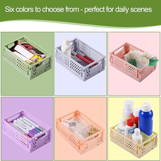 HUUSMOT 6-Pack Tiny Pastel Storage Crates & 4-Pack Small Baskets for Organizing, Collapsible Storage Crates for Bedroom Decor Classroom Office Kitchen Home