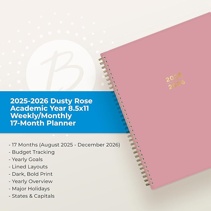 Blue Sky 17 Month Weekly and Monthly Academic Year Planner Calendar, August - December, Flexible Cover, Wirebound, Laminated Tabs, Dusty Rose (Dusty Rose- 2025/2026, 8.5" x 11")