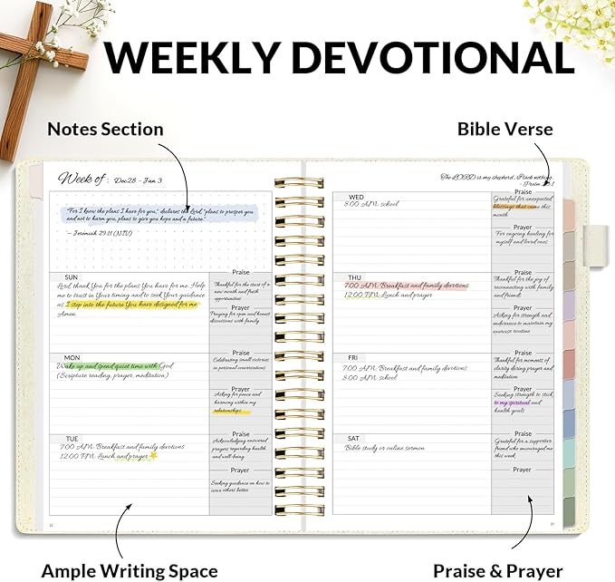 SUNEE Christian Planner - Undated 12 Month Bible Journal and Prayer Planner A5 Spiral Bound, Monthly & Weekly Christian Organizer Gifts for Women Men (Beige)