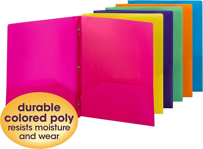 Smead Poly Two-Pocket Folder, Three-Hole Punch Prong Fasteners, Letter Size, Assorted Bright Colors, 6 Folders Total (87747)