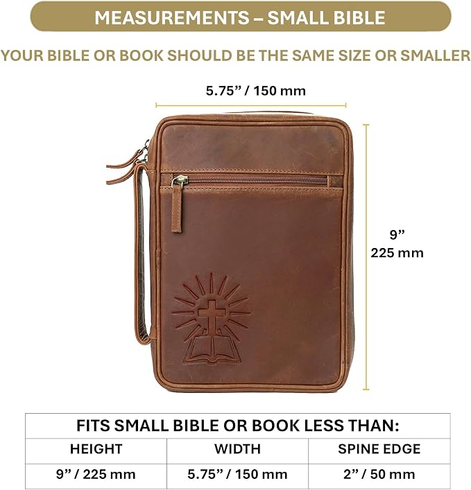 Sovereign-Gear Small Leather Bible Cover - Handmade Buffalo Leather, Cross Embossed, Handle, Zipper, Storage Pockets, Bookmark & AirTag Compatible Holder - Durable Cover for Men & Women