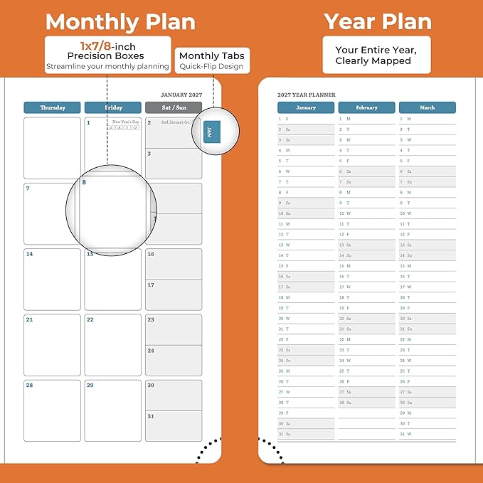 Weekly Monthly 2026-2027 Planner (July 26-Dec 27),6.5"x3.75",18 Months Agenda Plan with Month Tabs & Pocket,Expenses/Note Pages, Academic Calendar with Vegan Leather Cover,Orange
