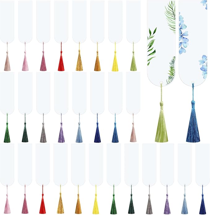 30 Pcs Acrylic Bookmark Blanks Bulk Clear Book Marks Kit with 30 Pcs Colorful Tassels Transparent Reading Book Page Mark Tags Set DIY Crafts Arts Projects Semicircle